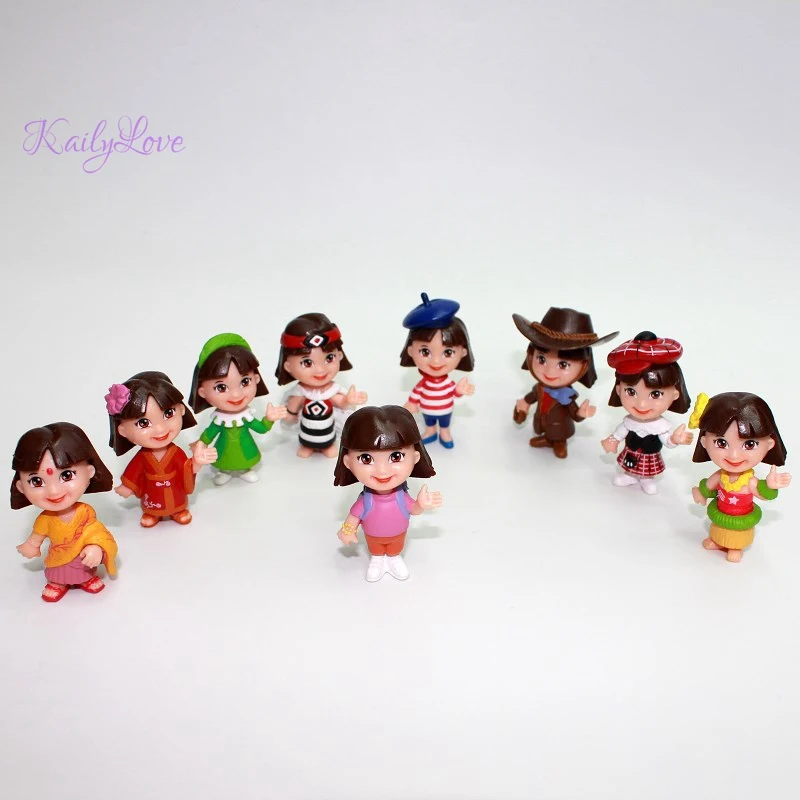

9 pcs/set Anime Cartoon Dora PVC Figures Children Toys Cowboy French Ireland New Zealand Japan Clothing Dolls For Children