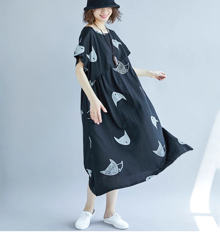 Oversize Summer Dress Plus Size Casual Cotton Linen Women Dress Elegant Cartoon Cat Print Long Maxi Beach Dresses 2019 Vintage6