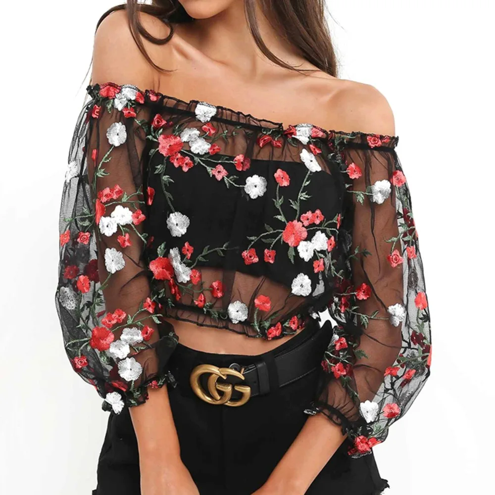 

Women Mesh Sheer T-shirt Sexy Off Shoulder Cropped Tops Floral Embroidery See Through T Shirt Cropped Perspective Tshirt Blusas