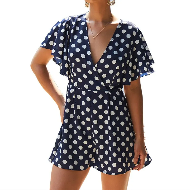 Sexy Polka Dots Playsuit Summer Bohemian Beach Rompers V Neck Short Jumpsuit Women Short Sleeve Summer Jumpsuit Sexy Polka Dots Playsuit Summer Bohemian Beach Rompers V Neck Short Jumpsuit Women Short Sleeve Summer Jumpsuit