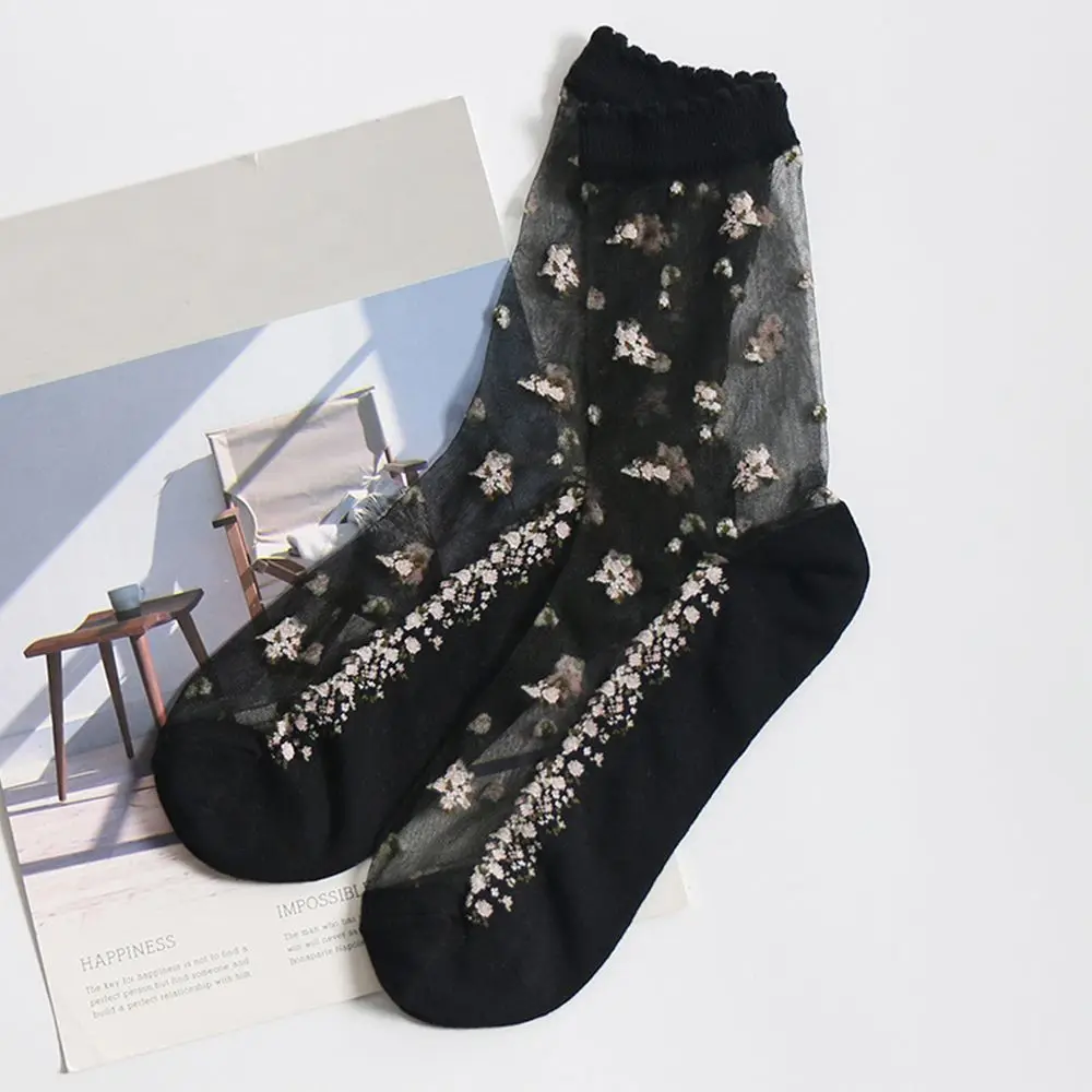 Fashion Elastic Socks Crystal Glass Silk Ultrathin Lace Literary Sale 1 Pair Summer Transparent Jacquard Short Socks