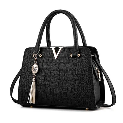 Женские модные дизайнерские сумки из крокодиловой кожи с v-образными буквами, роскошные качественные женские сумки через плечо, сумка-мессенджер с бахромой - Цвет: black