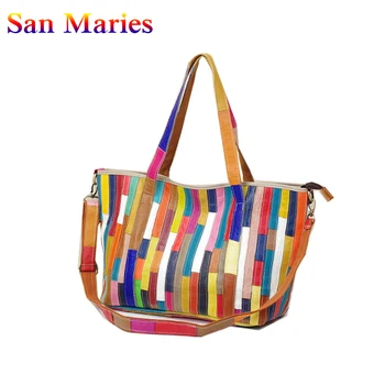 

San Maries 2019 Genuine Leather Handbags For Women Casual Patchwork Shoulder Crossbody Bag Large Capacity Stripe Fashion Tote