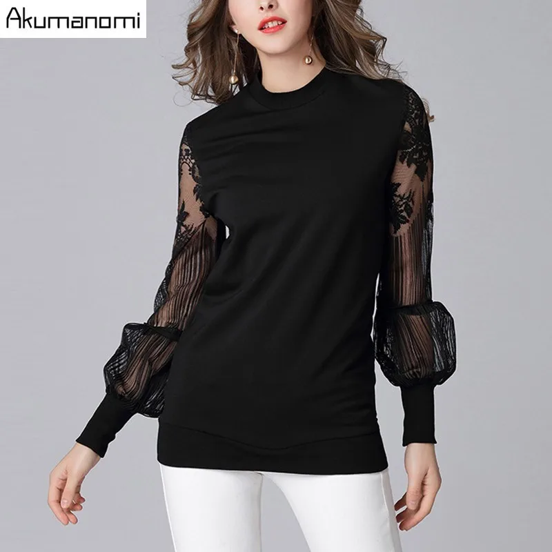 Koop Lente Kant Patchwork Blouse Zwart O hals Lantaarn Volledige Mouw Tops Herfst Shirt Plus Size Mode 5XL 4XL 3XL 2XL XL L Nieuwe