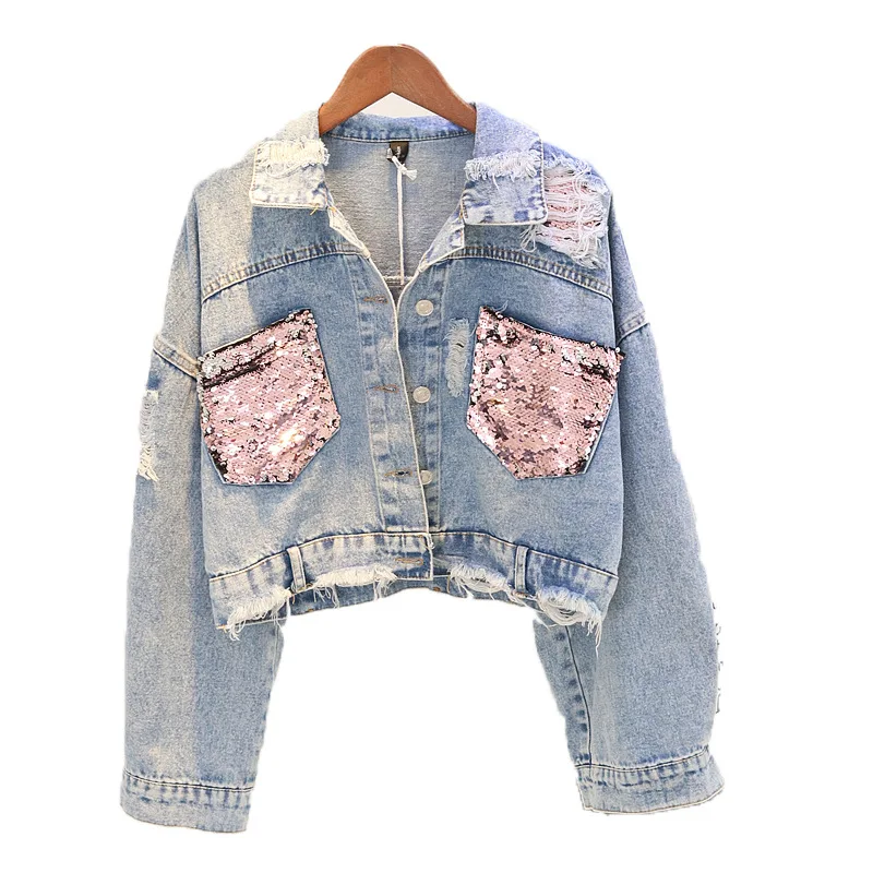 Hole denim short jacket female 2019 autumn new Korean version of the loose long-sleeved heavy work sequins student jacket shirt