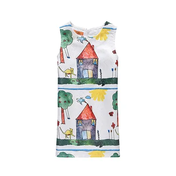 

New Baby Girls Dress Kids Sleeveless House Tree Rose Graffiti Printed Dress Fashion Girls Clothes