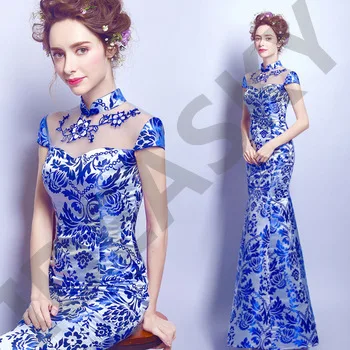 blue and white porcelain dress chinese oriental with lace wedding cheongsam modern designer traditional dresses women qipao