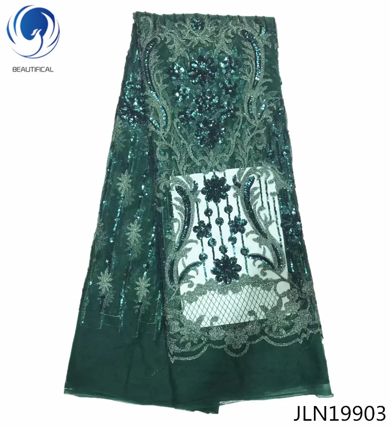 

Beautifical Green Lace fabrics Latest sequins embroidery african tulle mesh lace fabric for women dress french lace 5yard JYN199
