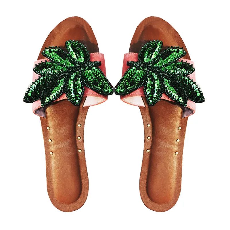 Простой Зеленый bling лист Тапочки женские Босоножки с открытым носком натуральная кожа женская обувь декорированные заклепками туфли на плоской поверхности для ленивых пляжная обувь - Цвет: green bling leaf