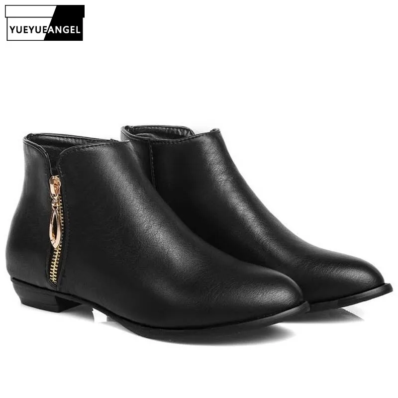

Boyfriend Handsome Motorcycle Ankle Boots Women Comfort Low Heel Zip Botas Mujer PU Leather Punk Footwear Big Size 44 45 Shoes