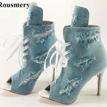 Rousmery/Новые Модные женские ботильоны на шнуровке с открытым носком из синей джинсовой ткани джинсовые ботинки-гладиаторы с вырезами на высоком тонком каблуке