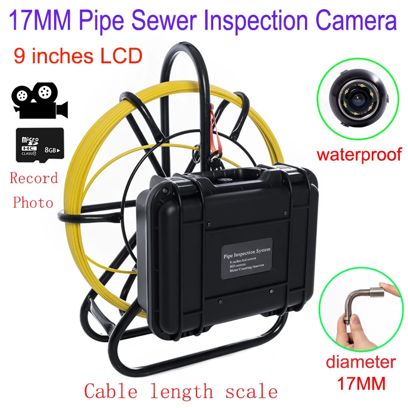 WP9600B 17 мм канализационных труб инспекции камеры 20/30/50 м оптоволоконного кабеля 9 "ЖК-дисплей промышленных трубопроводов эндоскоп мозгов