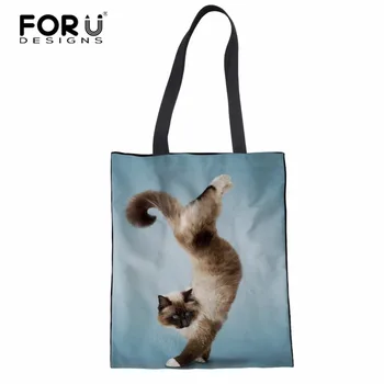 

FORUDESIGNS Canvas Environmental Protection Mom Shopping Bag Fashion Women's Handbags Tote Bag Cat Dog Print Casual Shoulder Bag