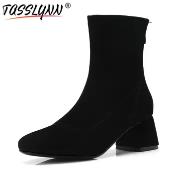 

TASSLYNN 2019 Autumn Flock Women Boots Square Toe Ankle Boots Thick High Heel Shoes Women Fashion Lady Zipper Boots Size 34-43