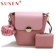 SUSEN 2 PCS Sets PU Flower Crossbody Bag Women Fashion Sequined Lock Solid Serpentine Patchwork Messenger