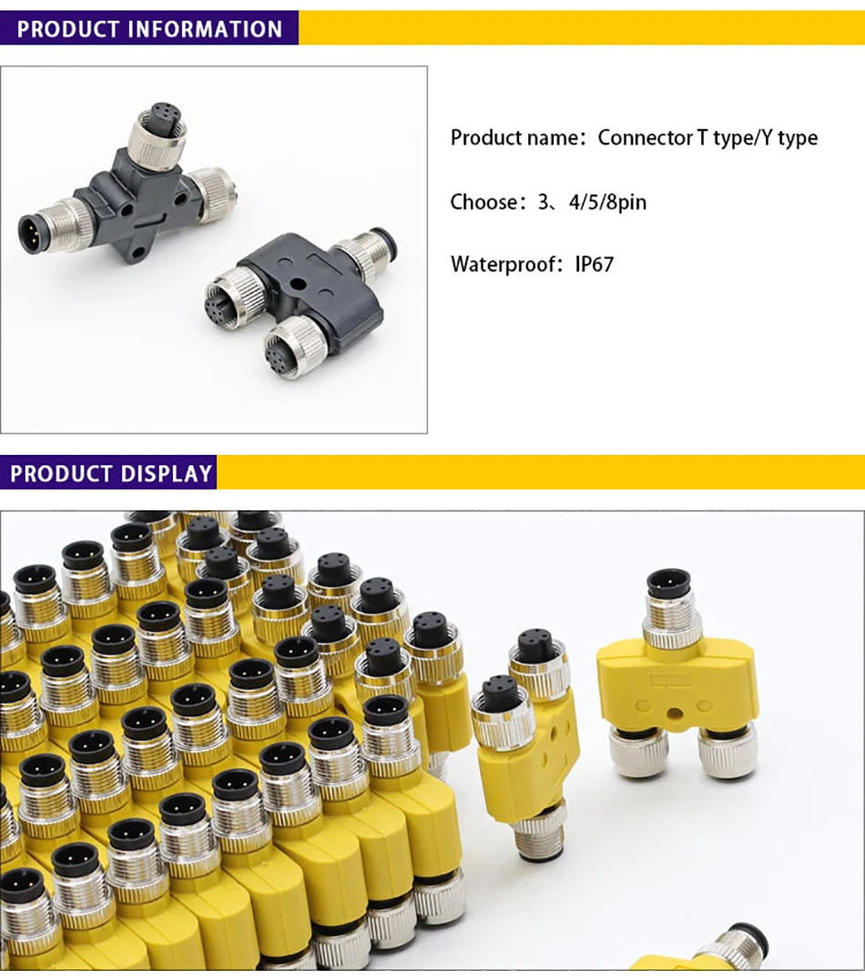 M12 IP67 Водонепроницаемый три-контактный разъем 3pin 4pin 5pin 8pin Y Тип/T Тип металлический сплиттер разъем проводки поля