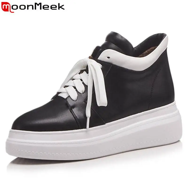 

MoonMeek NEW 2018 fashion genuine leather flats women platform round toe lace up spring autumn sneakers SIZE 34-40