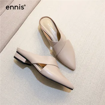 

2019 Spring Pointed Toe Shoes Women Pump Slippers Fashion Low Heel Mules Genuine Leather Summer Outdoor Casual Shoes Beige M906