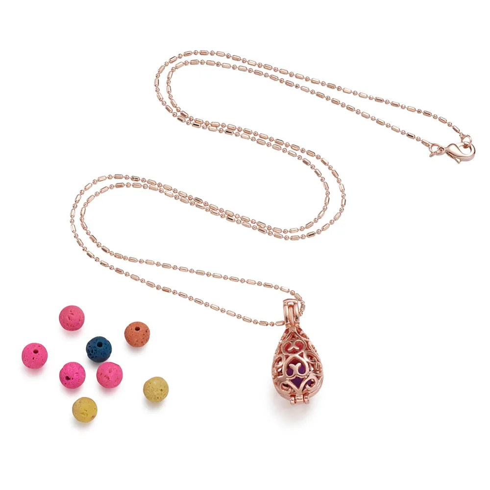 

Aromatherapy Hollow Grain Rose Gold Jewelry Chain (Essential Oils) Diffuser Drops Locket Pendant Necklace with Perfume 6mm Beads