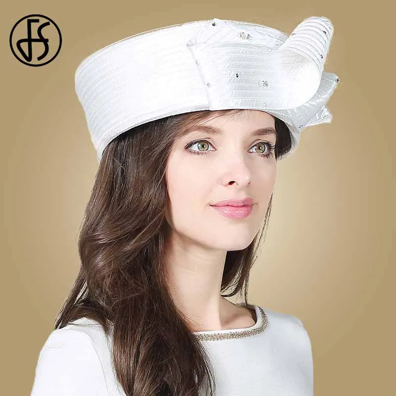 FS Vintage Fascinator blanco sombrero Fedora para mujer sombreros de fiesta de té de la Iglesia de la boda dama sombreros con diamante Kentucky Derby sombrero - 3