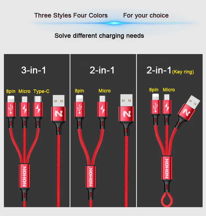NOHON 3 в 1 8Pin type C Micro нейлоновый USB кабель для iPhone 8X7 6 6S Plus iOS 10 9 8 samsung Nokia USB кабели для быстрой зарядки шнур