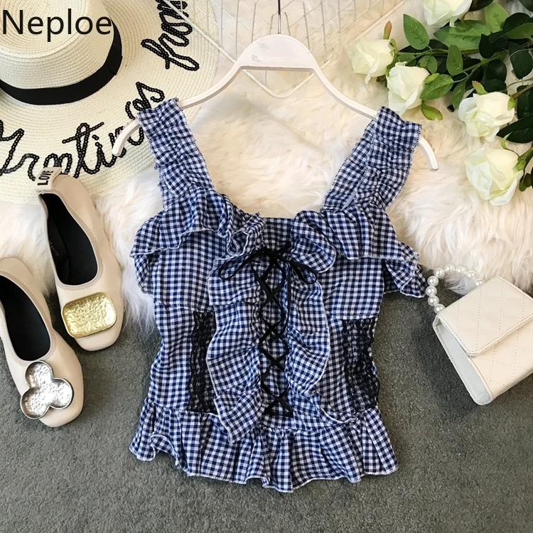 

Neploe Summer Elastic Slim Tanks Top Cross Lace Up Ruffles Camis 2019 Summer Japanese Sweet Shirt Short Women Tops 52514