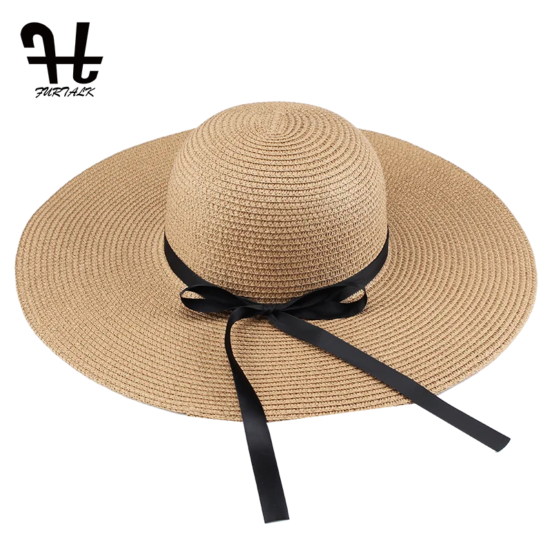 

FURTALK Summer Sun for Women Straw Hat with Ribbon Tie Wide Brim Travel Beach Hat Female UPF 50 Sun Protection Hats Cap 2019
