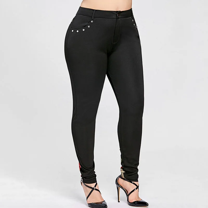 PlusMiss размера плюс 5XL с цветочным принтом Высокая Талия на резинке заклепки карандаш брюки для девочек Женская одежда черные пикантные узкие джинсы больших Размеры