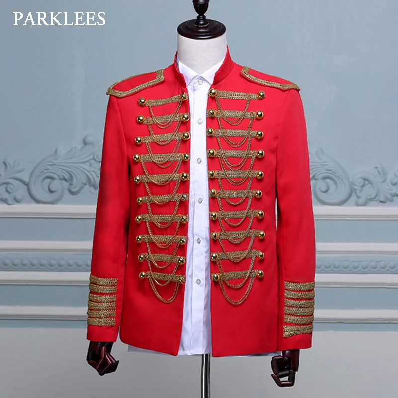 

European Army Uniform Suit Blazer Men Stand Collar Metal Chain Mens Red Jackets Stage Wedding Singer Costumes Veste Homme Hombre