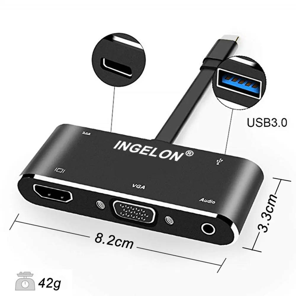 Ingelon USB C To HDMI Converter USB 3.0 5 in 1 Adapter Type C to PD+HDMI 4K Ultra HD +VGA+Audio Converters for HDTV & Projector (5)