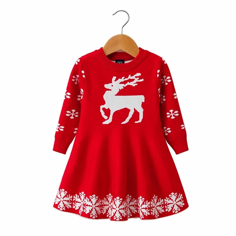 Коллекция года, осенне-зимнее рождественское платье принцессы для девочек Детский свитер детская одежда с рисунком оленя вязаная юбка для малышей джемпер, пуловер