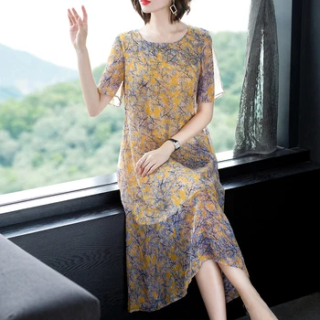 

2019 New Summer Fashion Vintage Women Long dress Loose Silk Dignified Atmosphere Dresses Ginger 3253