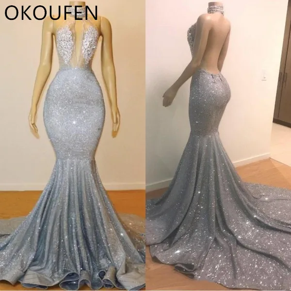 Real Photos Bling Silver Mermaid Prom Dresses Long 2019 Jewel Neck Beads Crystals Backless See Through Floor Length Evening Party Wear=