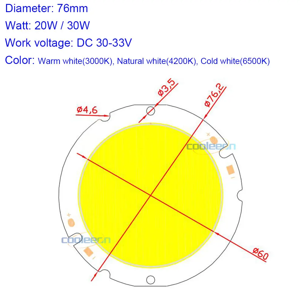 76 мм диаметр круглый COB светильник чип для светодиодной лампы на плате 20 Вт 30 Вт светильник ing источник для Точечный светильник 30 в теплый натуральный холодный белый
