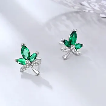 

E Jewelry 925 Sterling Silver Green Maple Leaf Stud Earrings with AAA CZ Zircon for Women Girl Summer Earring Jewellry 2019
