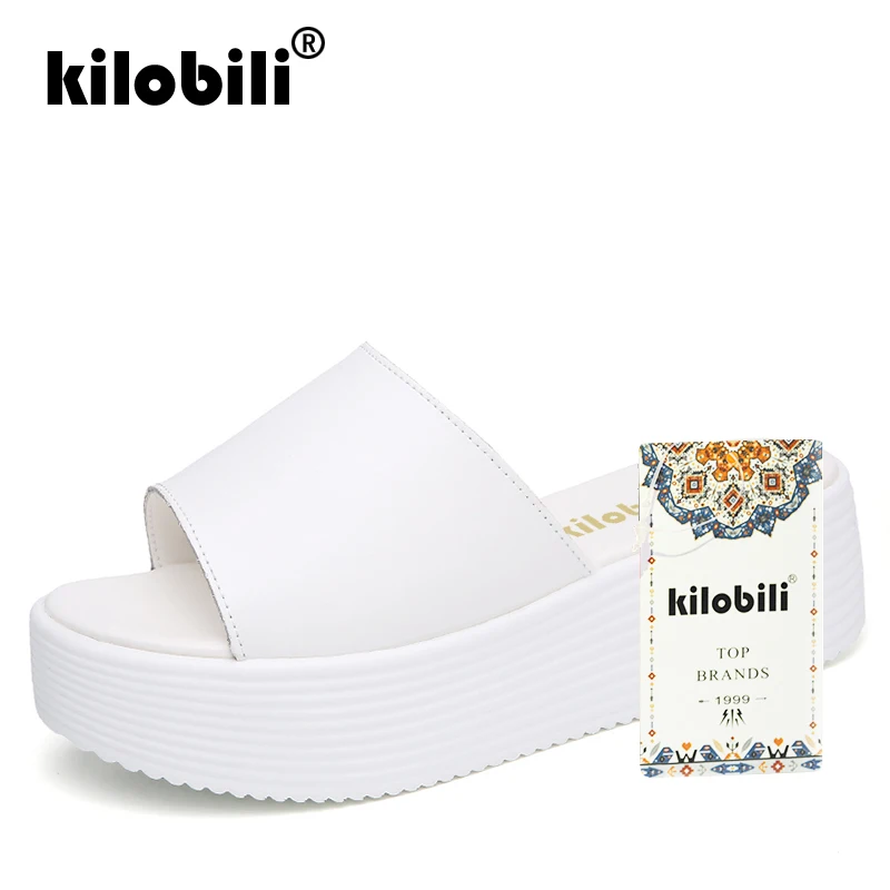 Kilobili/2019 г. летние женские шлепанцы черно белые Тапочки из натуральной кожи с