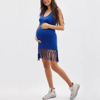 

New Pregnancy Tassel Dress Sleeveless Solid Dress Props Robe Grossesse Summer Cotton Clothes For Pregnant Women Plus Size Dress