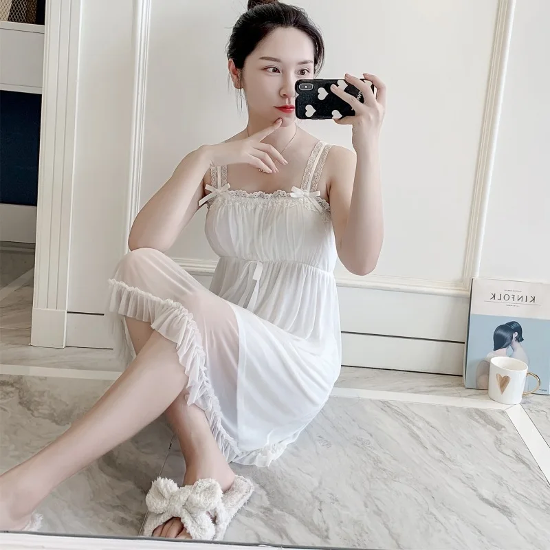 Lovely Retro Women Nightdress Lace Spaghetti Strap Princess Style Nightwear