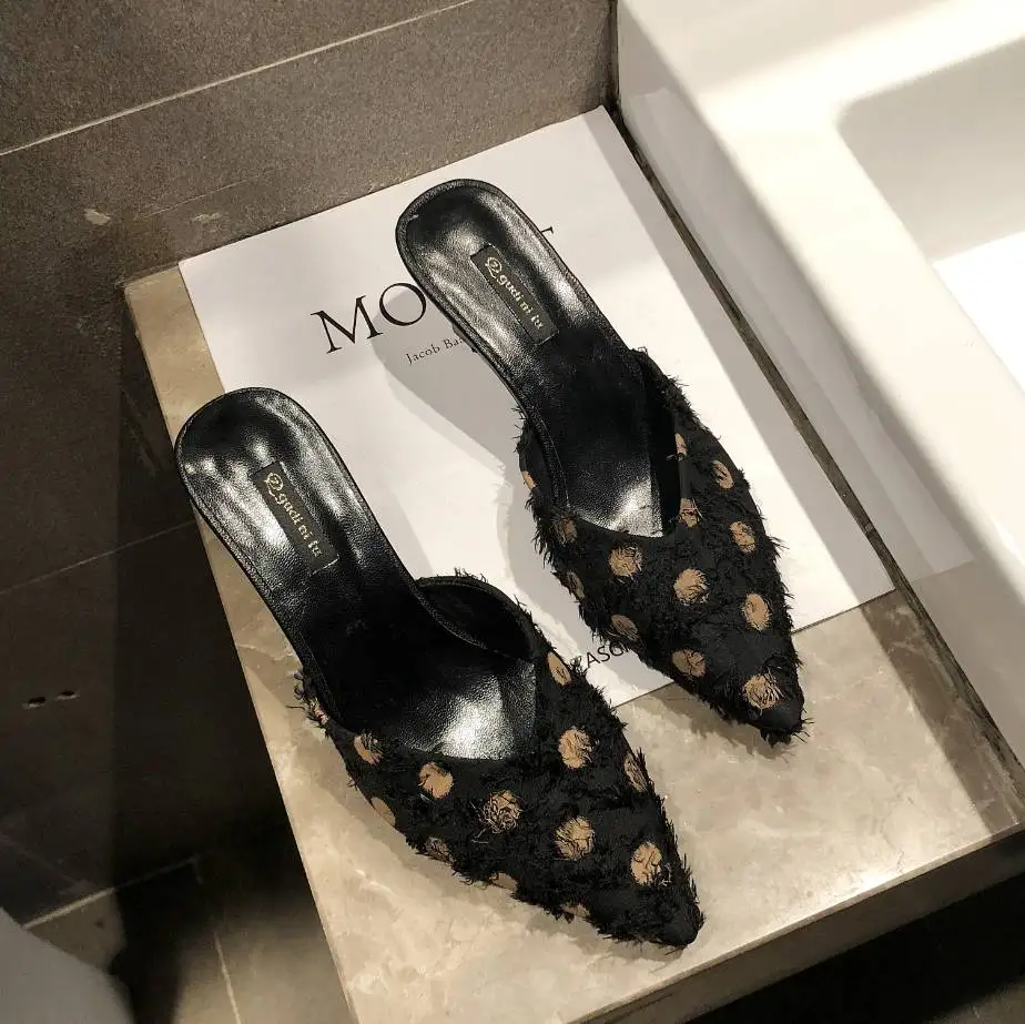 

2019 brand strange style high heels slip on mules classic polka dot art design European style beauty girls slingback pumps E481
