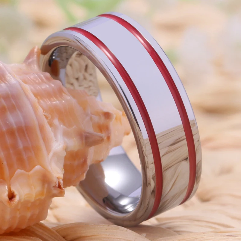 Classic Wedding Ring Silver Pipe With 2 Red Lines Tungsten Rings Top Quality Men's Engagement Anniversary Ring Women Men Gift