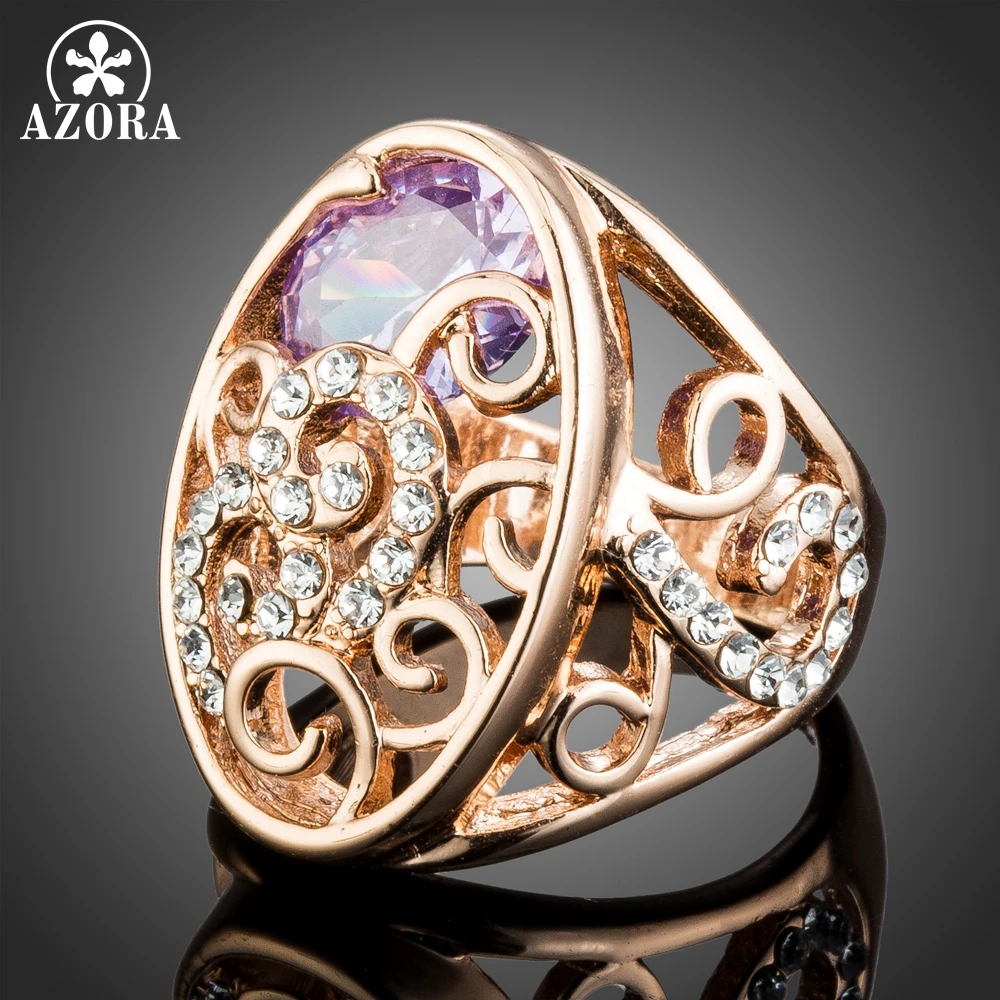 AZORA Rose Gold Color Geometric Ancient Pattern Purple Zirconia Finger Rings for Women Wedding Engagement Jewelry Gift TR0221
