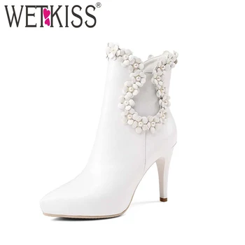 

WETKISS 2018 Sexy High Heels Winter Boots Designers Appliques Ankle Boots Zip Genuine Leather Pointed Toe Shoes Woman New Style