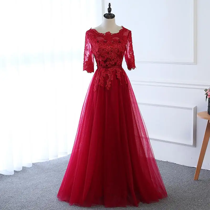 Длинное бордовое вечернее платье Элегантное кружевное с аппликацией прозрачное официальное с короткими рукавами платье для выпускного вечера Robe De Soiree - Цвет: wine red