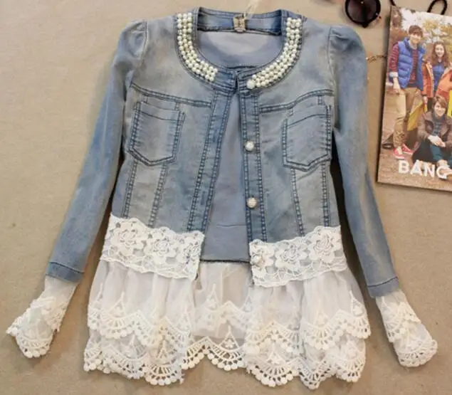 

New 2019 Jeans Jacket Women Casacos Feminino Slim Lace Panel Beaded Denim Lady Elegant Vintage Jacket Dropship