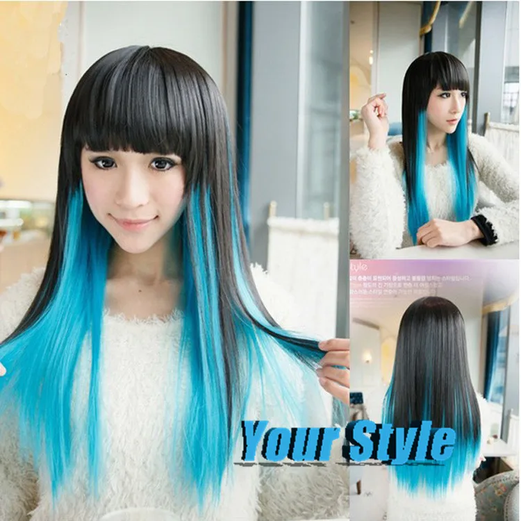 

Synthetic Ombre Black and Blue Wig Cosplay Long  Srtaight Hair Wigs Female Party Hairstyles Perruque Perucas Natural Cosplay
