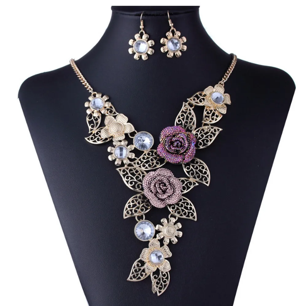 

Europen Gold Earrings Necklace Set Chain Jewelry Alloy Elegant Vintage Hollow Leaves Flower Retro Palace Ornament #5-6