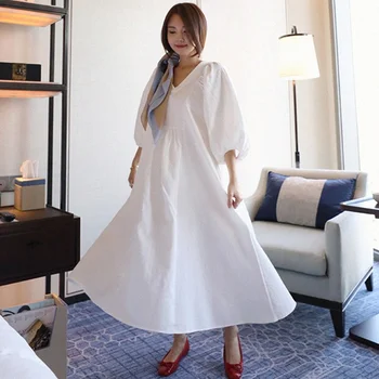 

LANMREM 2020 Summer New Fashion Temperament Women Loose Casual Long Paragraph Puff Sleeve V-neck Solid Color Dress TC209