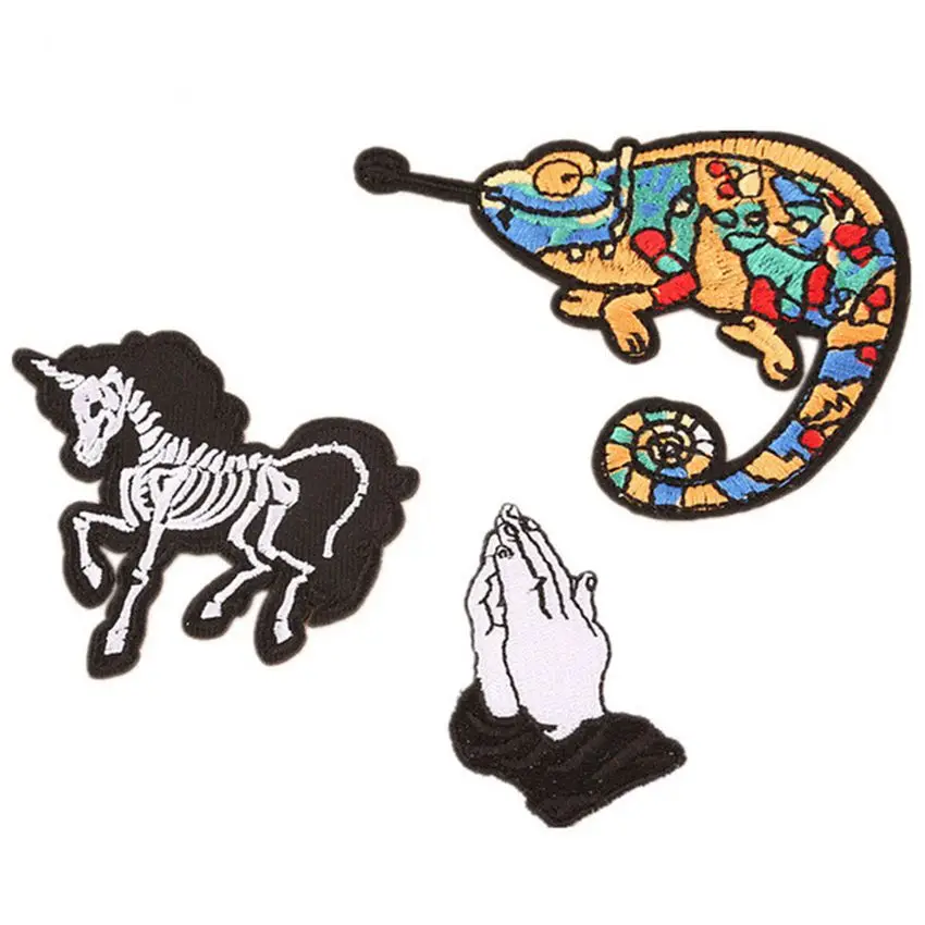 

Chameleon Unicorn Praying Gestur Embroidered Fabric Patches Ironing On Clothing Sewing Patch DIY Striped Clothes Apparel Badge