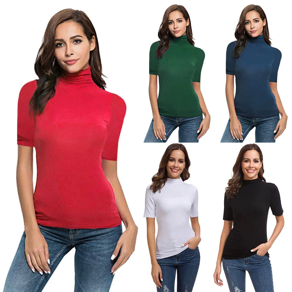 

Womens Short Sleeve Top Solid Slim Fit Turtleneck Tee Shirt Ladies Summer Top Casual Female T Shirt blusas mujer de moda 2019