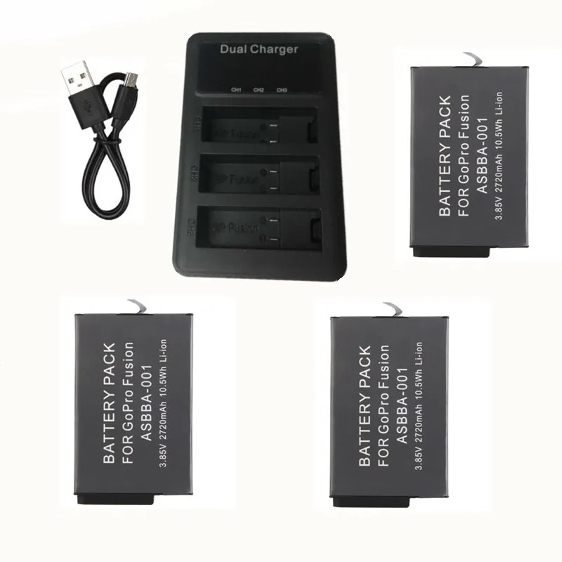 2720mAh Gopro Fusion батарея + 3 лота LCD зарядное устройство для 360 градусов камера ASBBA 001